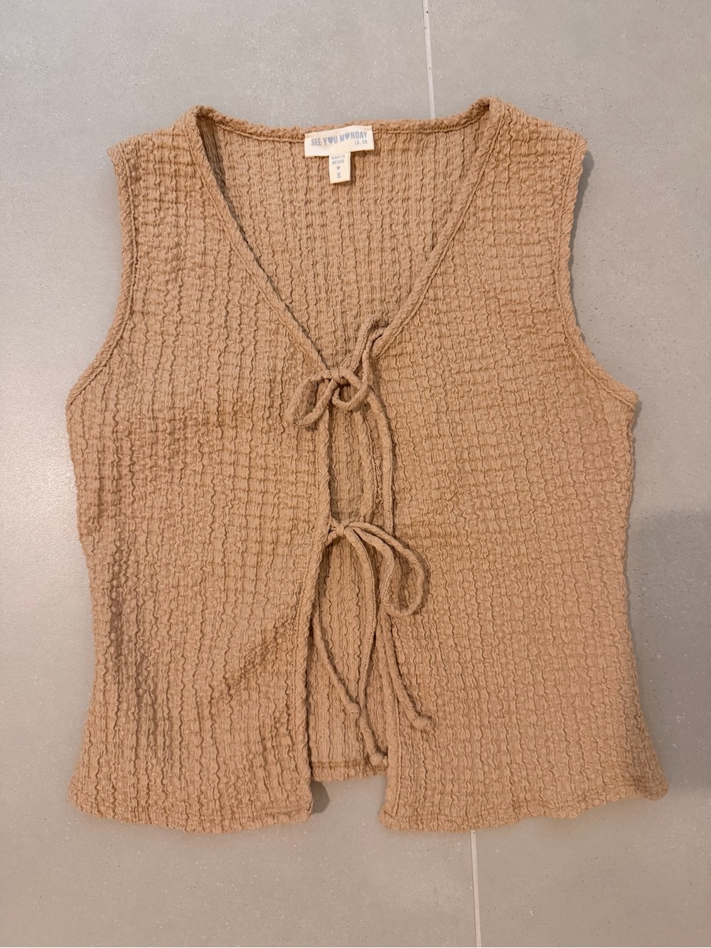 See You Monday Camel Textured Tie-Front Tank